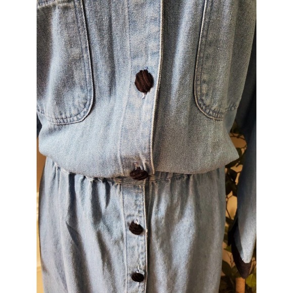 Vintage Fads Solid Blue 100% Cotton Collared Long Sleeve Casual Maxi Dress 12 - Picture 3 of 12